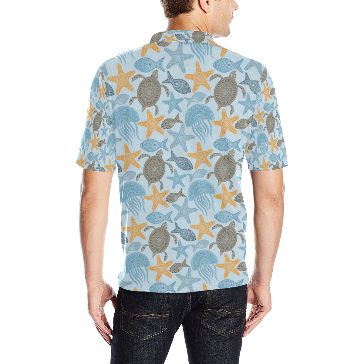 Polynesian Jellyfish Turtle Print Men Polo Shirt