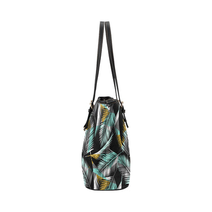 Gold Glitter Cyan Tropical Palm Leaves Leather Tote Bag