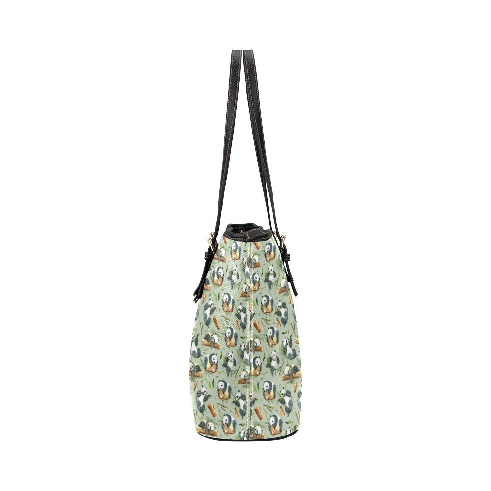 Panda Bear Design Bamboo Print Leather Tote Bag