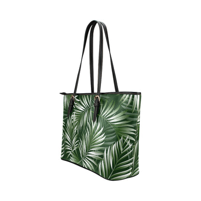 White Green Tropical Palm Leaves Leather Tote Bag