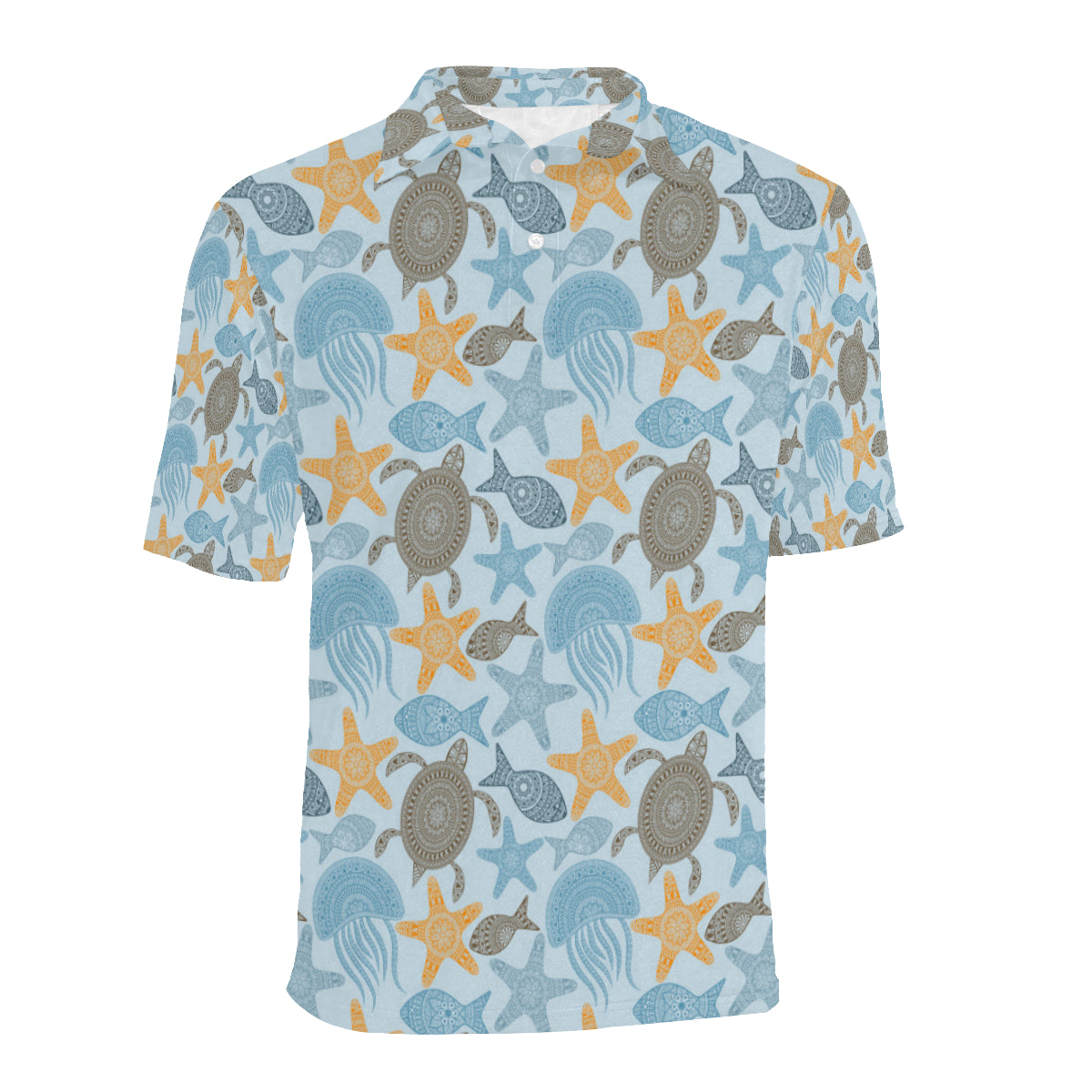 Polynesian Jellyfish Turtle Print Men Polo Shirt