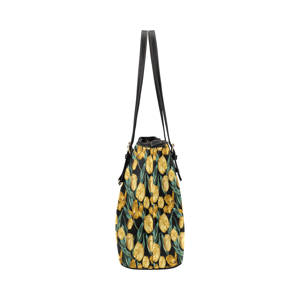 Elegant Yellow Tulip Print Leather Tote Bag