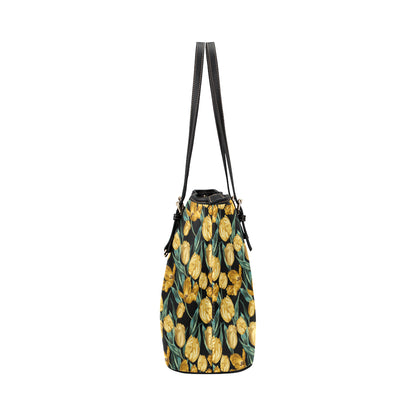 Elegant Yellow Tulip Print Leather Tote Bag