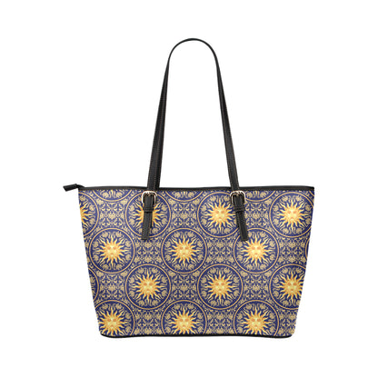 Celestial Gold Sun Face Leather Tote Bag
