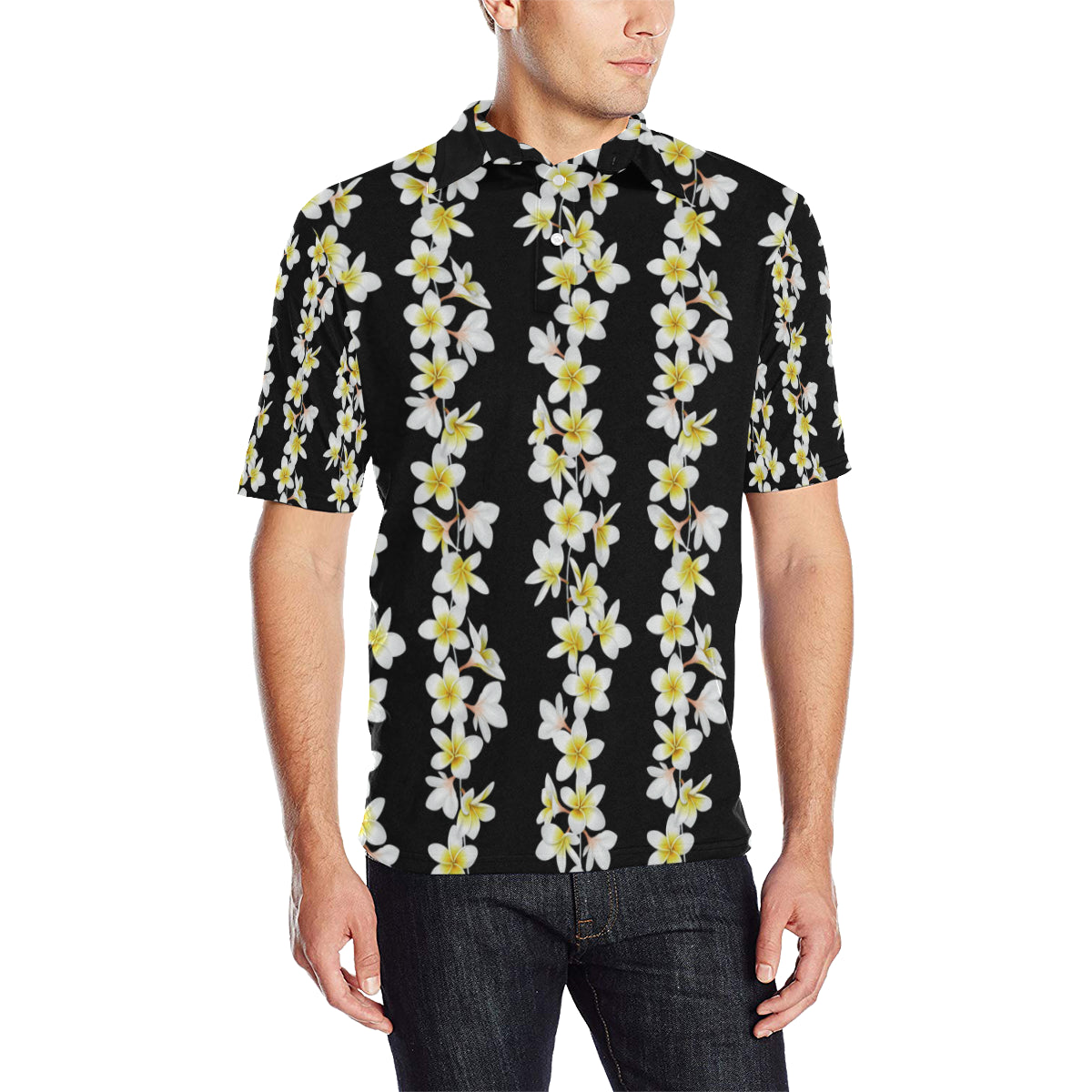 White Plumeria Pattern Print Design PM08 Men Polo Shirt