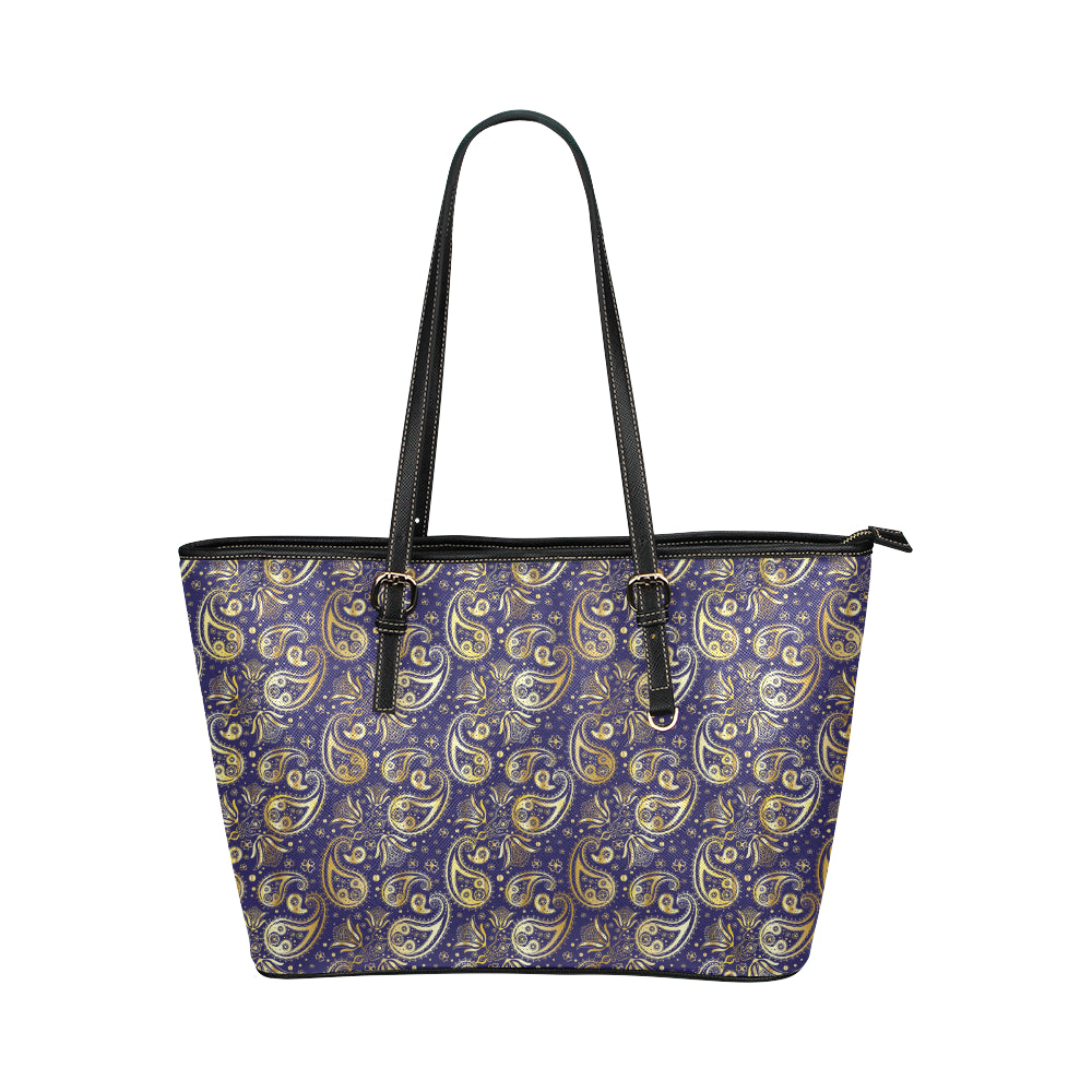 Paisley Blue Yellow Design Print Leather Tote Bag