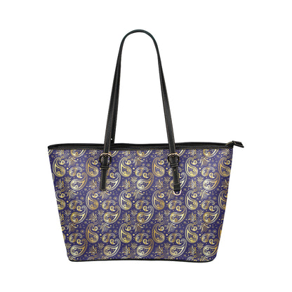 Paisley Blue Yellow Design Print Leather Tote Bag