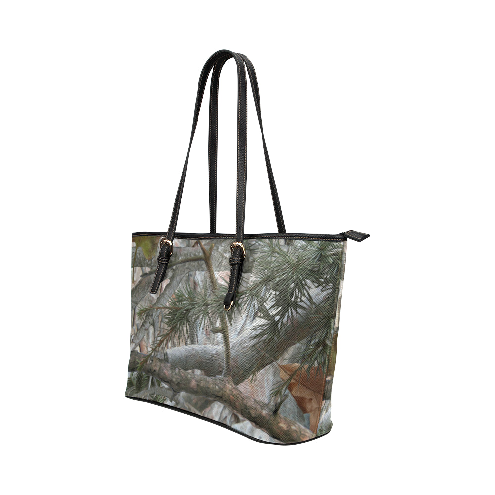 Camo Realistic Tree Forest Pattern Leather Tote Bag