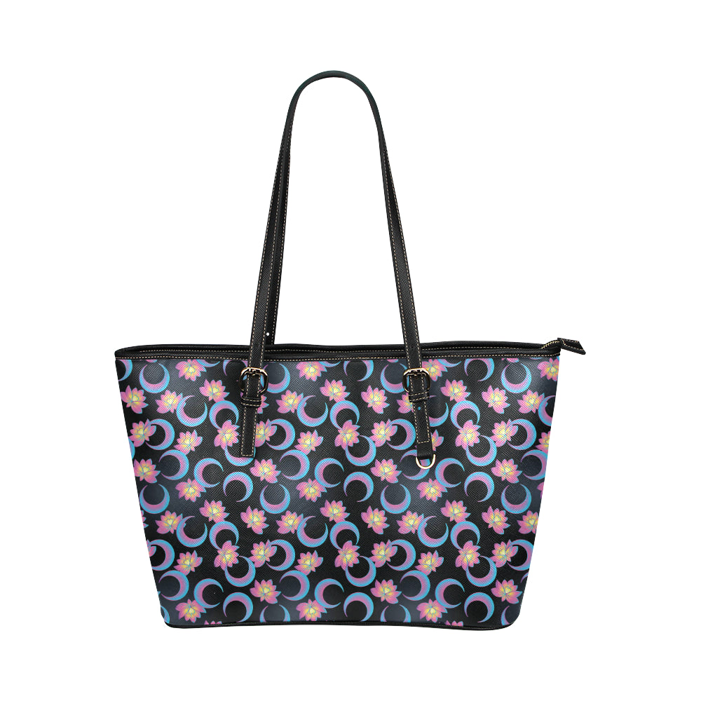 Lotus with Moon Pink Print Themed Leather Tote Bag