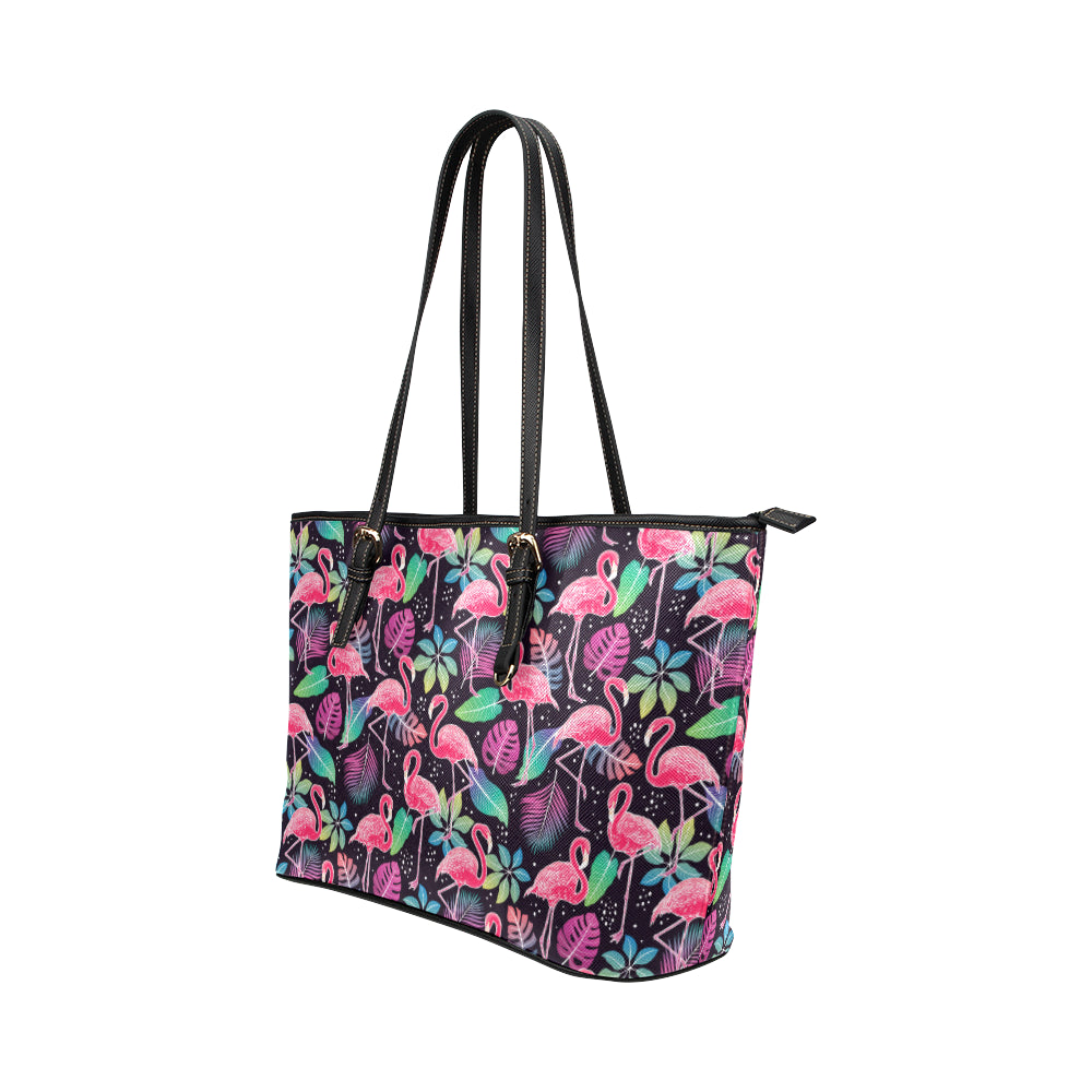 Flamingo Tropical leaves Neon Print Leather Tote Bag
