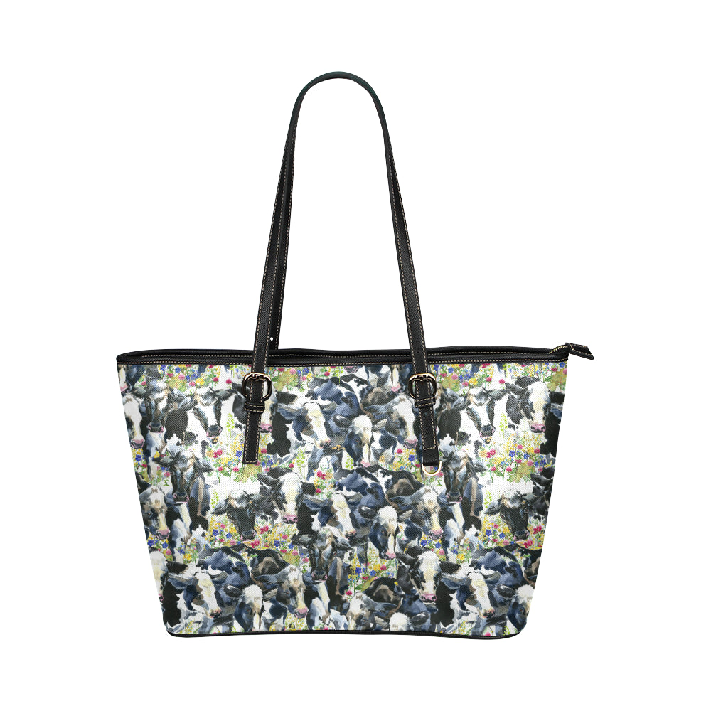 Cow Watercolor Print Pattern Leather Tote Bag