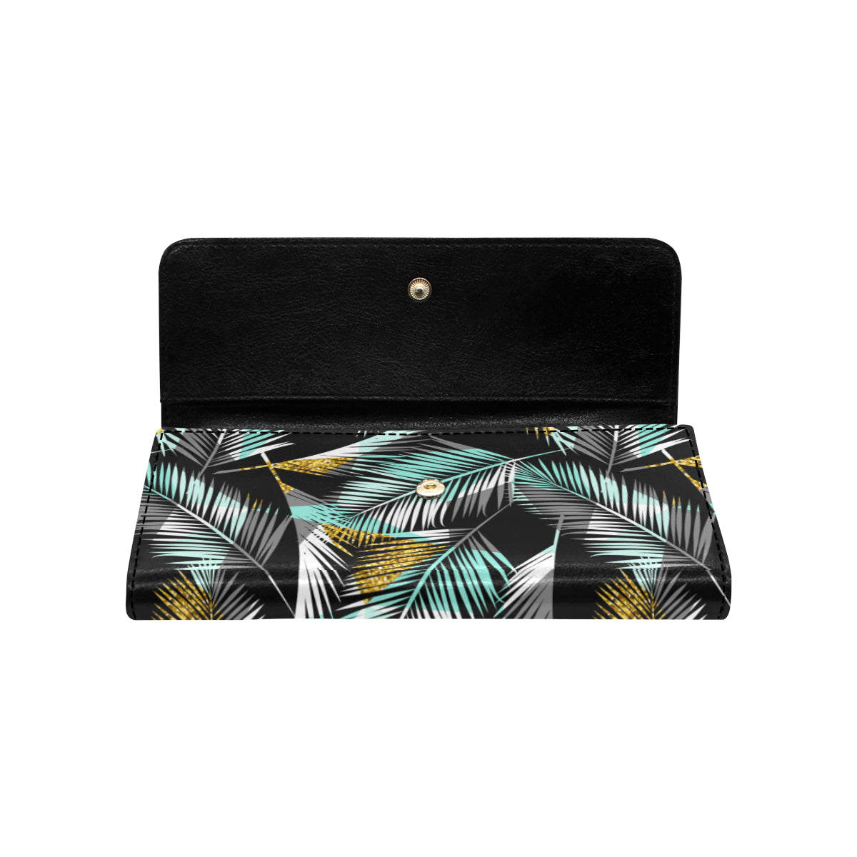 Gold Glitter Cyan Tropical Palm Leaves Women's Trifold Wallet