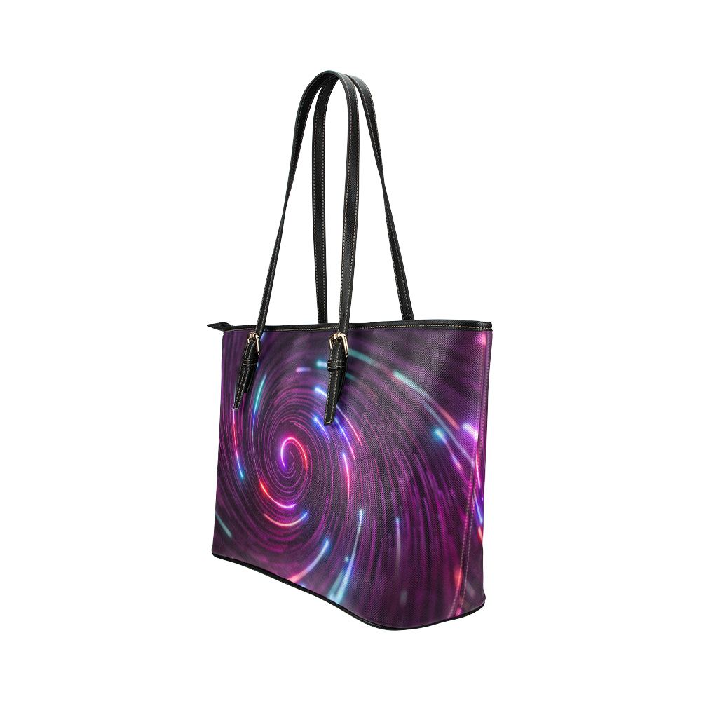 Vortex Twist Swirl Purple Neon Print Leather Tote Bag