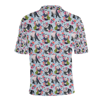 Panda Bear Flower Design Themed Print Men Polo Shirt
