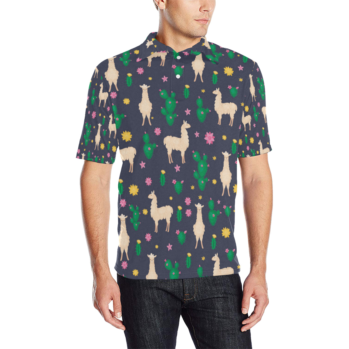 Llama Cactus Pattern Print Design 012 Men Polo Shirt
