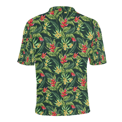 Tropical Folower Red Heliconia Print Men Polo Shirt