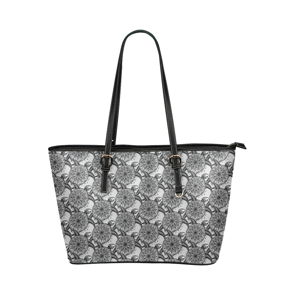 Tribal Turtle Polynesian Themed Print Leather Tote Bag