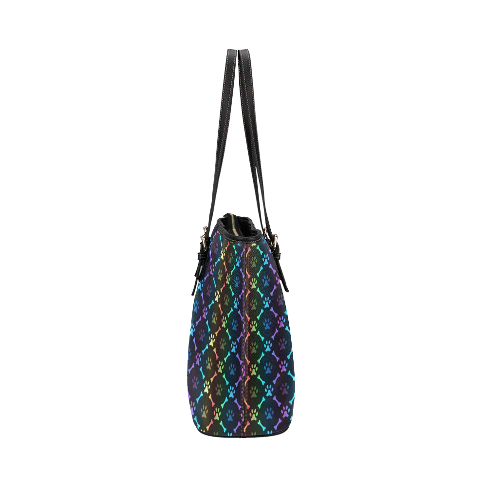 Paw Rainbow Print Leather Tote Bag