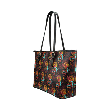 Chinese Dragons and Peonies Design Leather Tote Bag