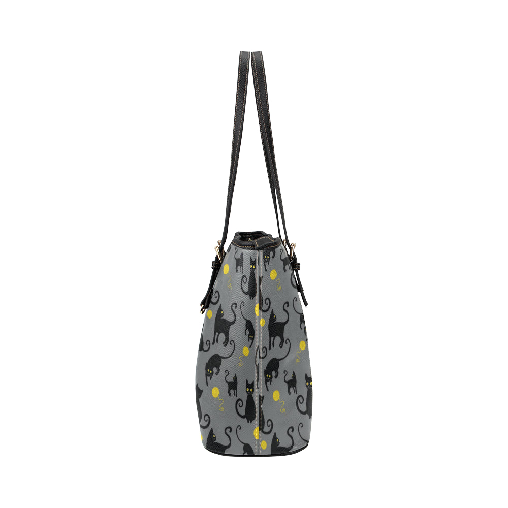 Black Cat Yellow Yarn Print Pattern Leather Tote Bag
