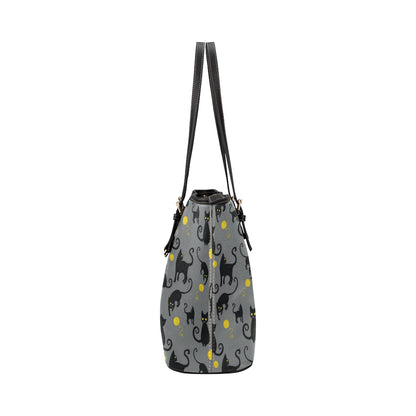 Black Cat Yellow Yarn Print Pattern Leather Tote Bag