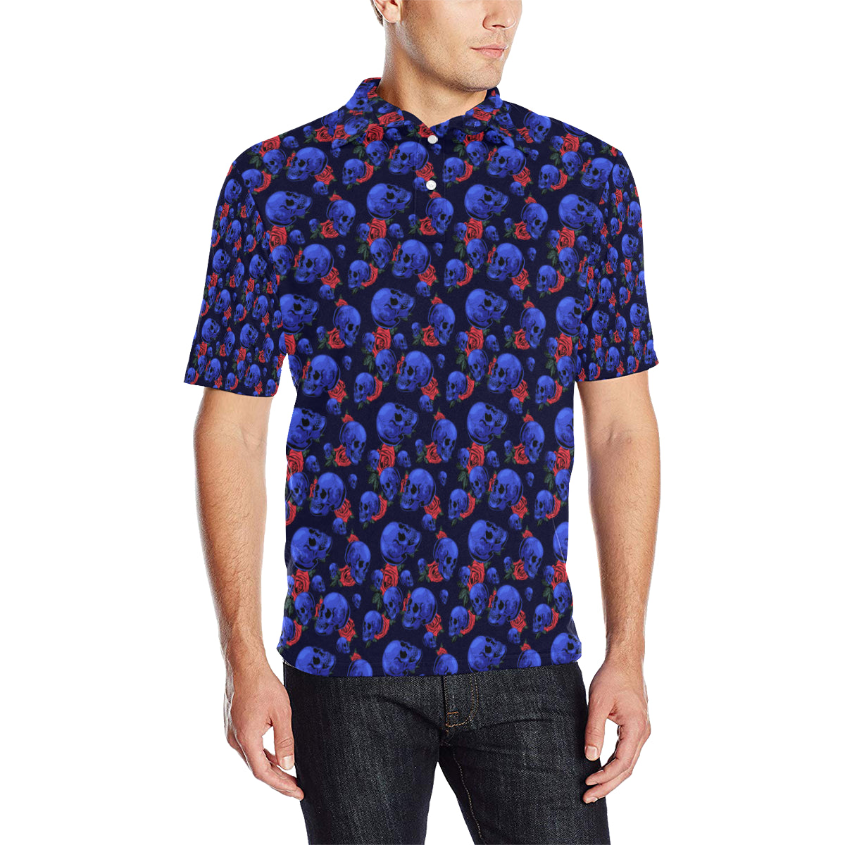 Skull Roses Neon Design Themed Print Men Polo Shirt