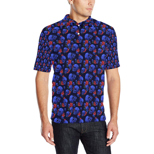 Skull Roses Neon Design Themed Print Men Polo Shirt