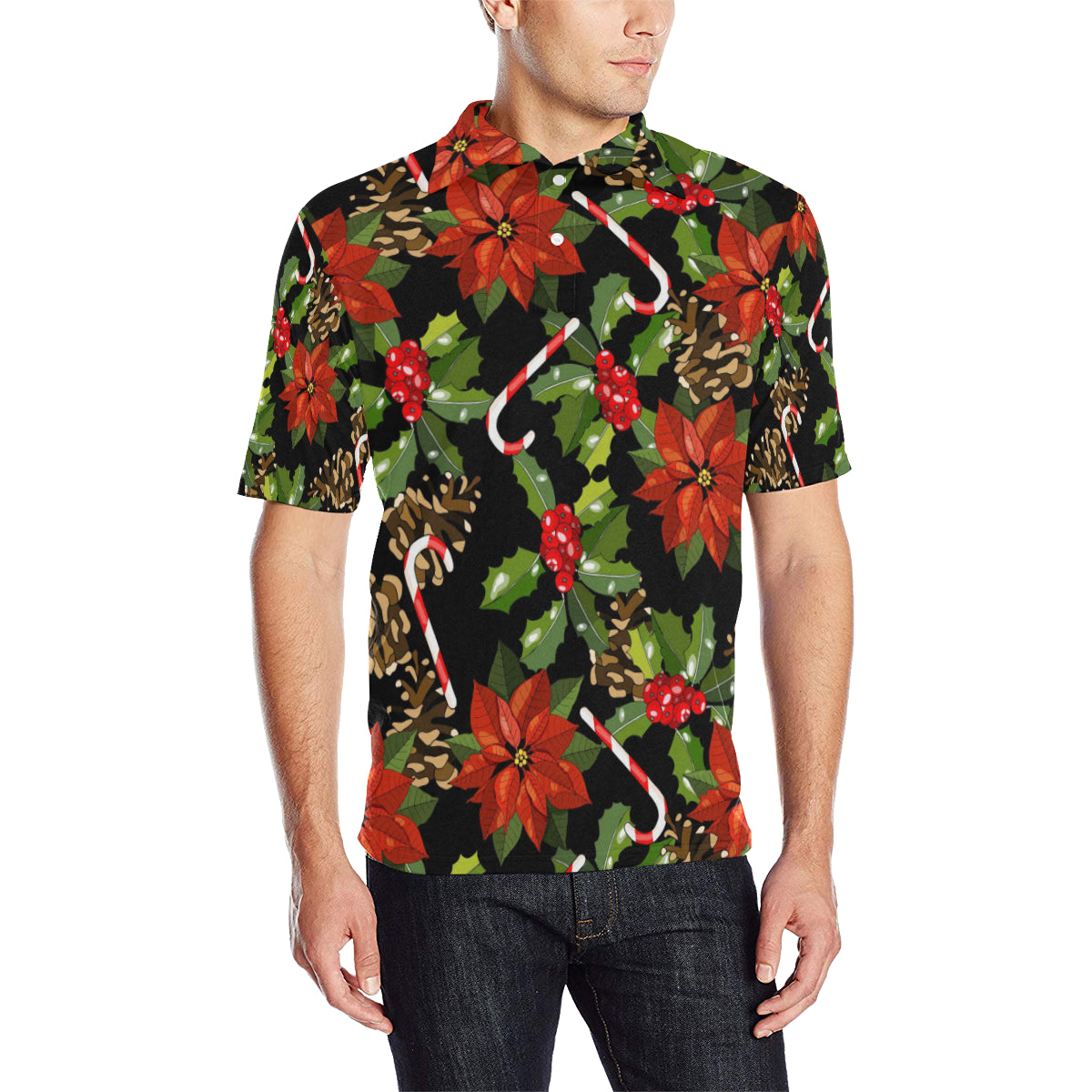 Poinsettia Pattern Print Design POT01 Men Polo Shirt