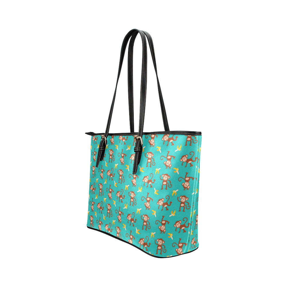Monkey Banana Design Themed Print Leather Tote Bag
