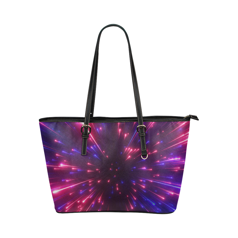 Celestial Purple Blue Neon Speed Light Leather Tote Bag