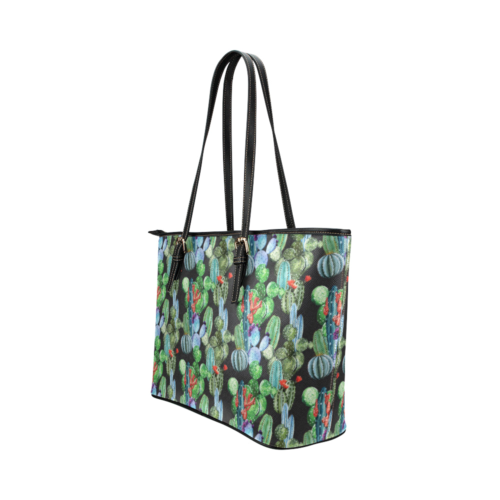 Cactus Watercolor Style Print Leather Tote Bag