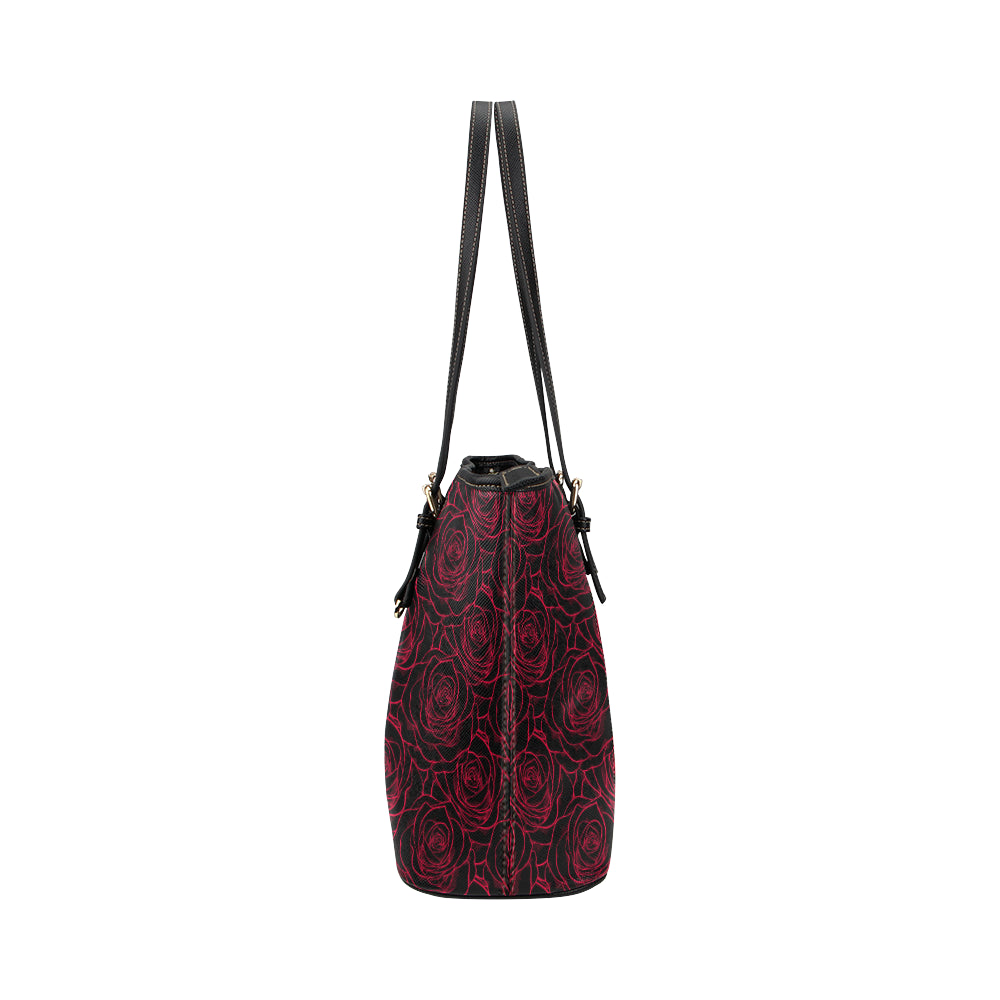 Red Rose Design Print Leather Tote Bag