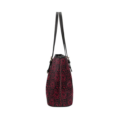 Red Rose Design Print Leather Tote Bag