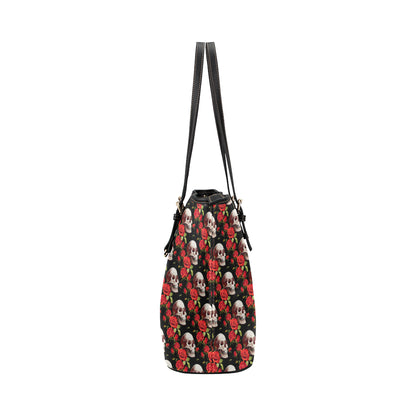 Red Rose Skull Design Print Leather Tote Bag