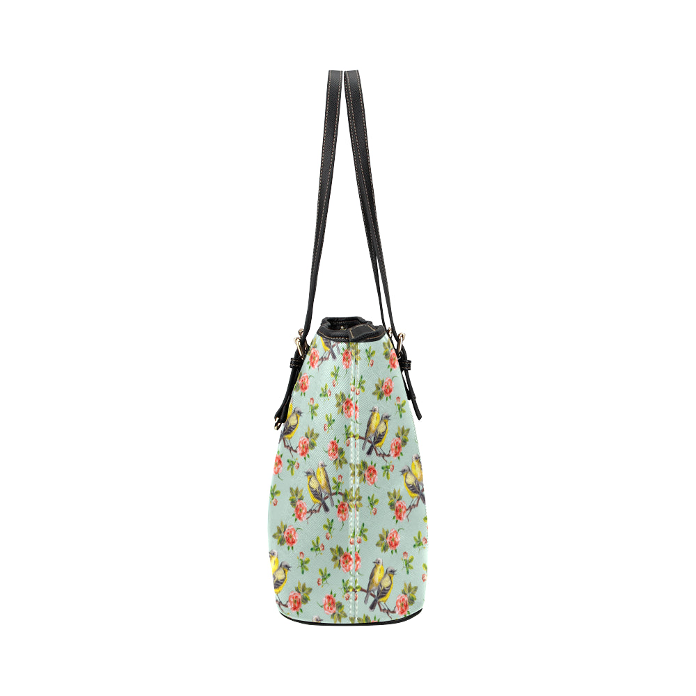 Bird with Red Flower Print Pattern Leather Tote Bag