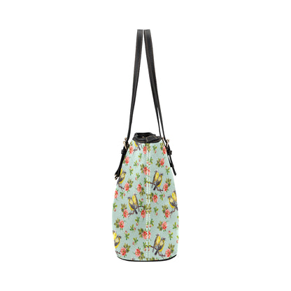 Bird with Red Flower Print Pattern Leather Tote Bag