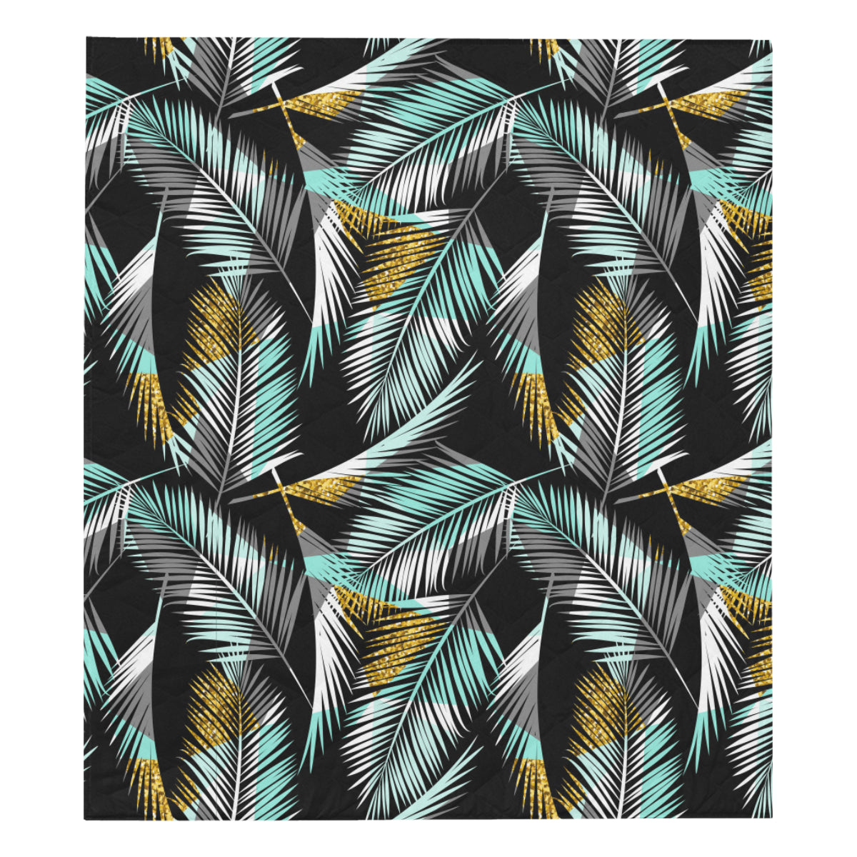 Gold Glitter Cyan Tropical Palm Leaves Premium Quilt