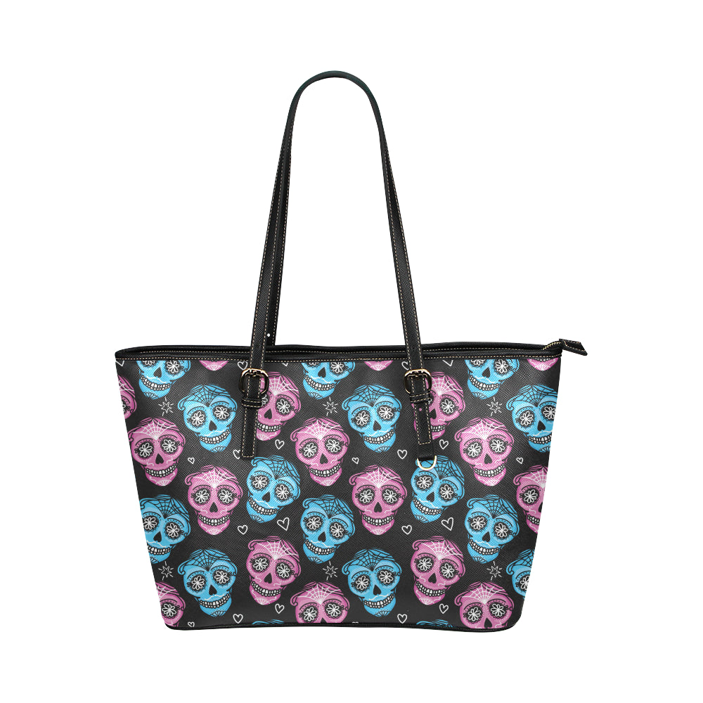 Day of the Dead Skull Print Pattern Leather Tote Bag