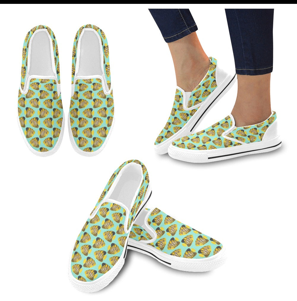 Angelfish Print Design LKS402 White Slip Ons Canvas Women's Shoes
