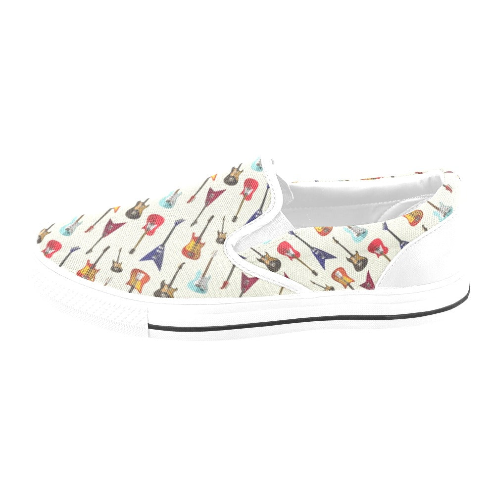 Electric Guitar Print Design LKS404 White Slip Ons Canvas Women's Shoes