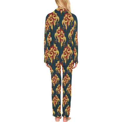 Dragons Gold Design Pattern Women's Long Pajama Set