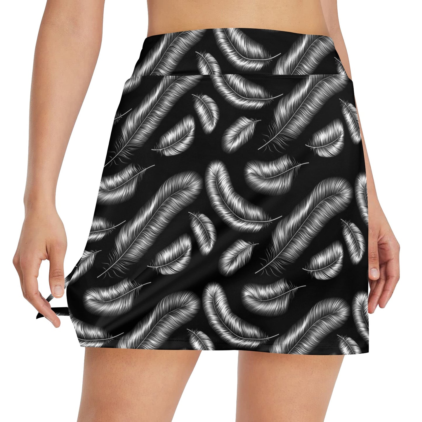 Feather Black White Design Print 17" Golf & Pickleball Skort with Pockets