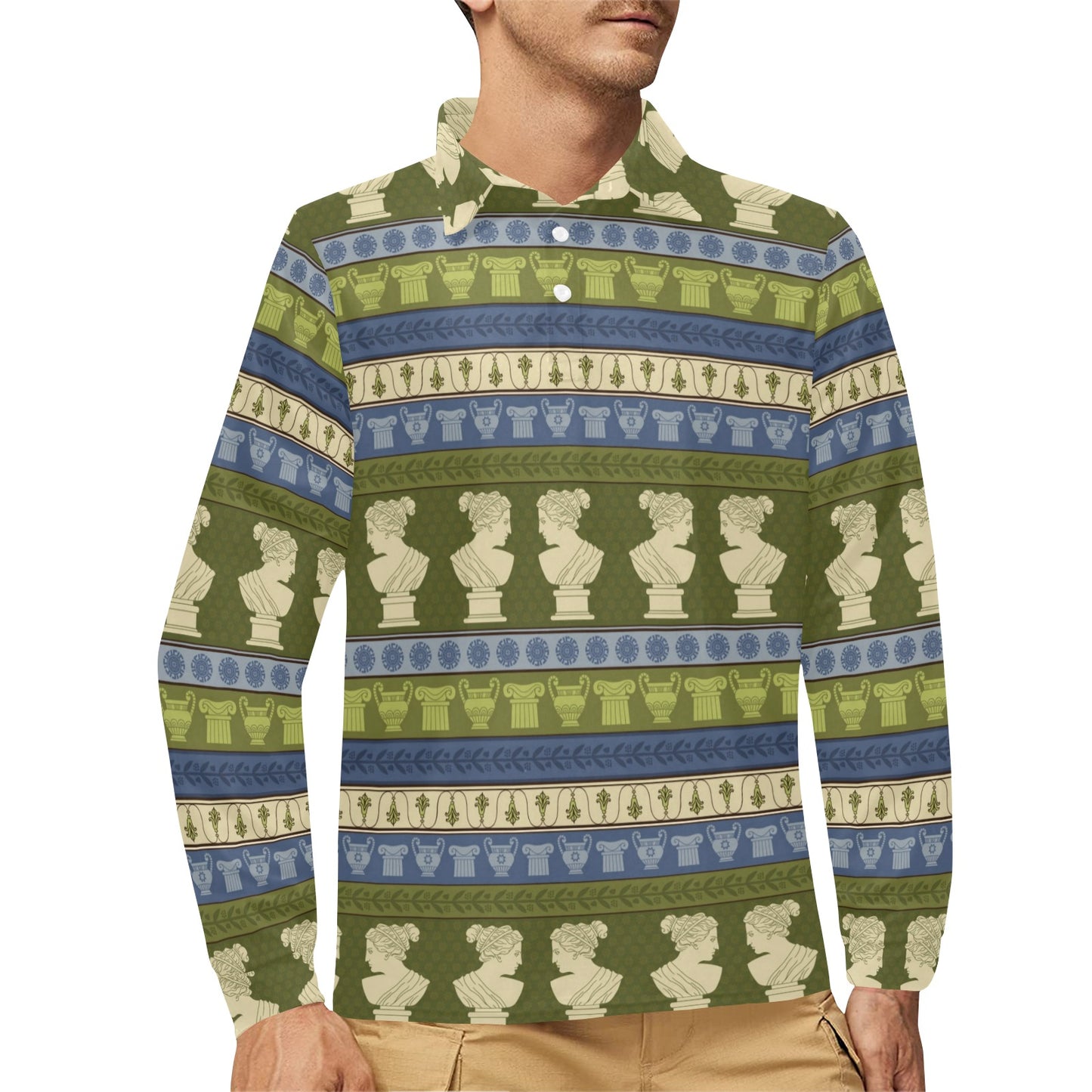 Ancient Greek Statue Print Design LKS301 Long Sleeve Polo Shirt For Men's