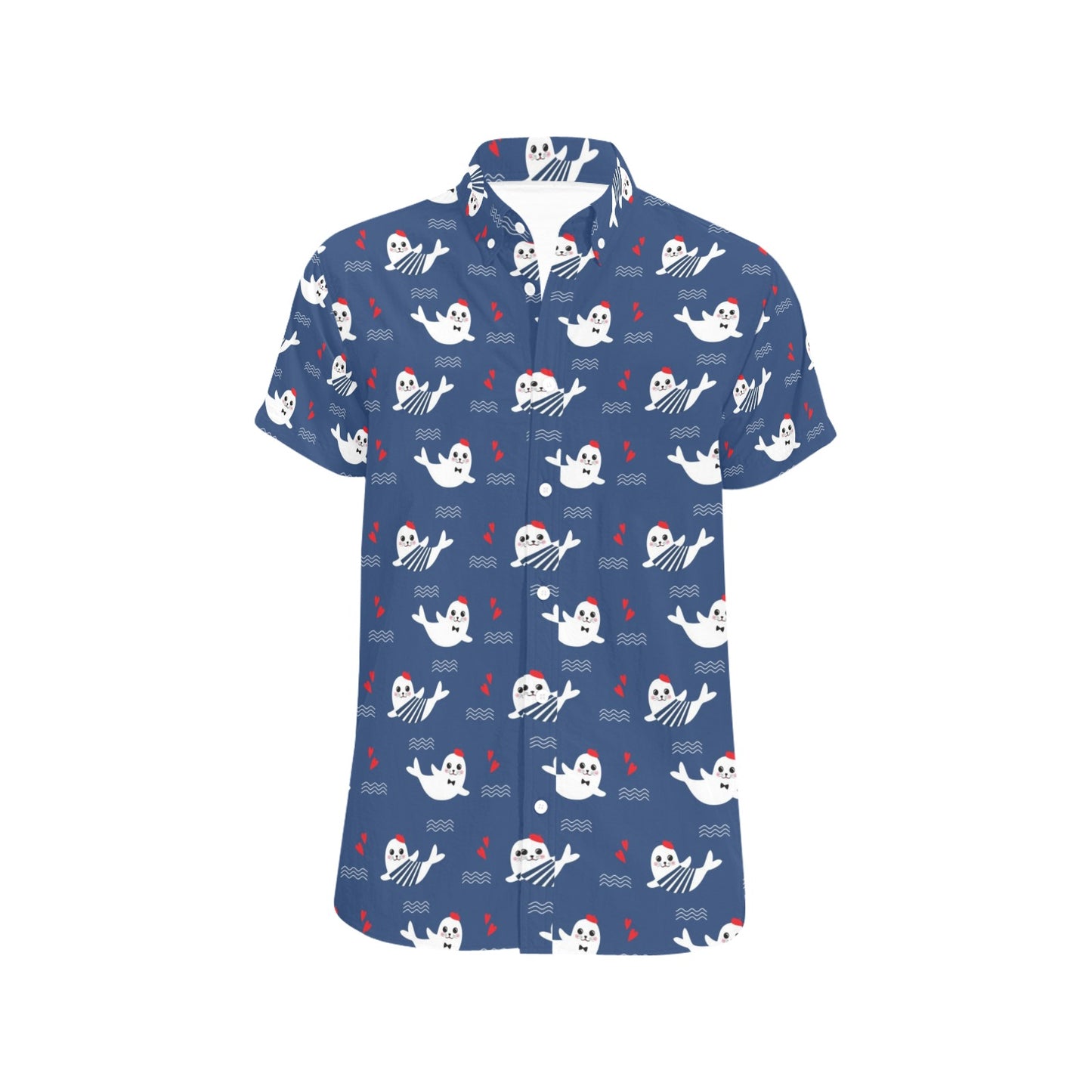 Sea Lion Print Design LKS403 Men Short Sleeve Button Up Shirt
