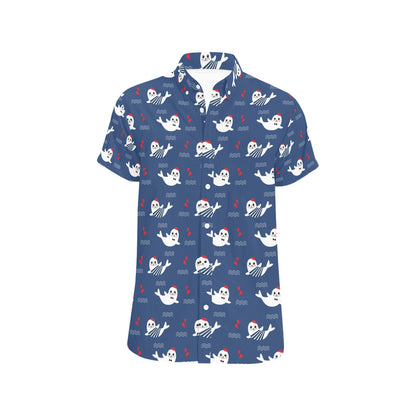 Sea Lion Print Design LKS403 Men Short Sleeve Button Up Shirt