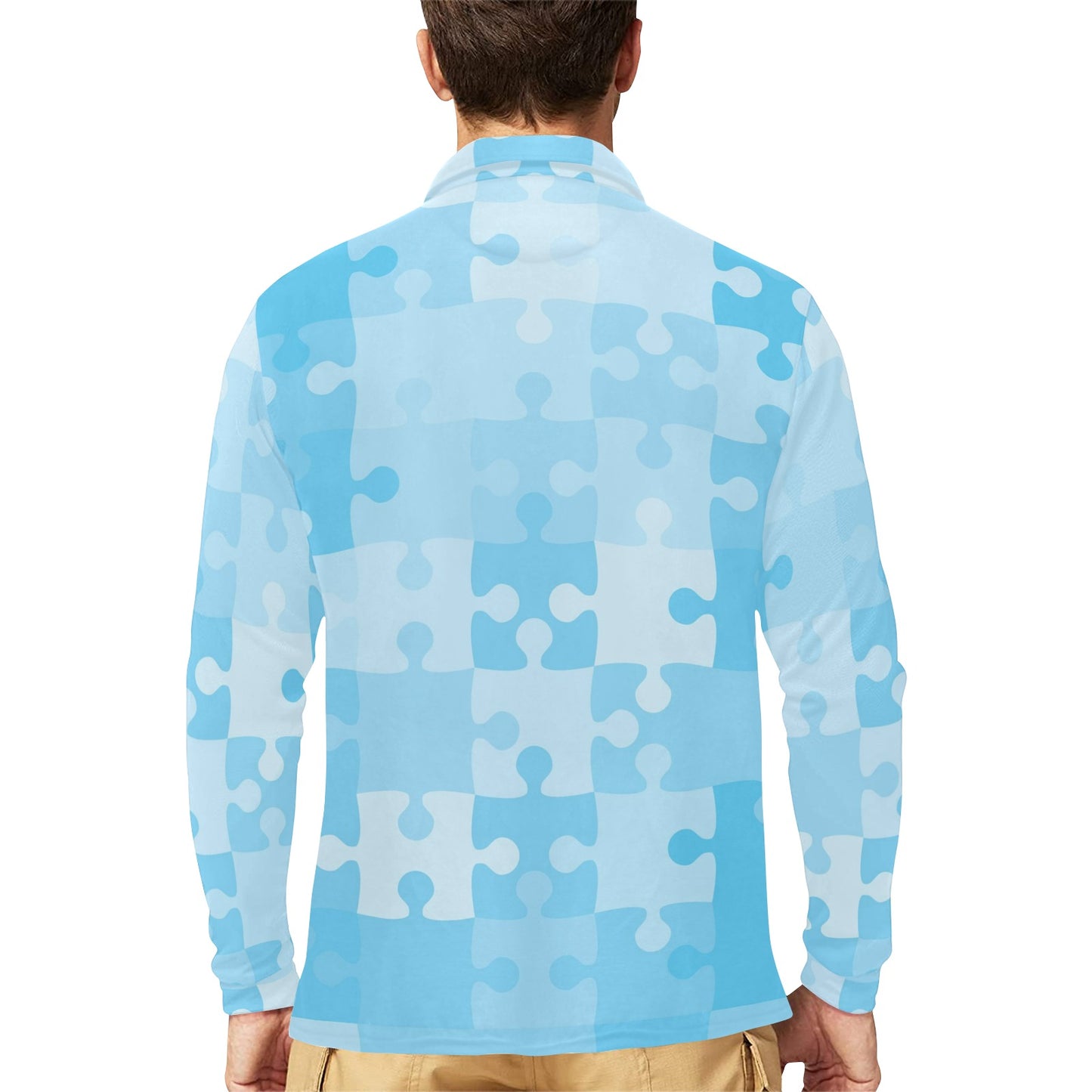 Puzzle Blue Pattern Print Design A04 Long Sleeve Polo Shirt For Men's
