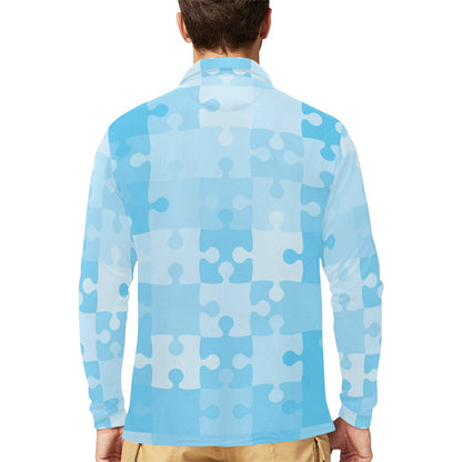 Puzzle Blue Pattern Print Design A04 Long Sleeve Polo Shirt For Men's