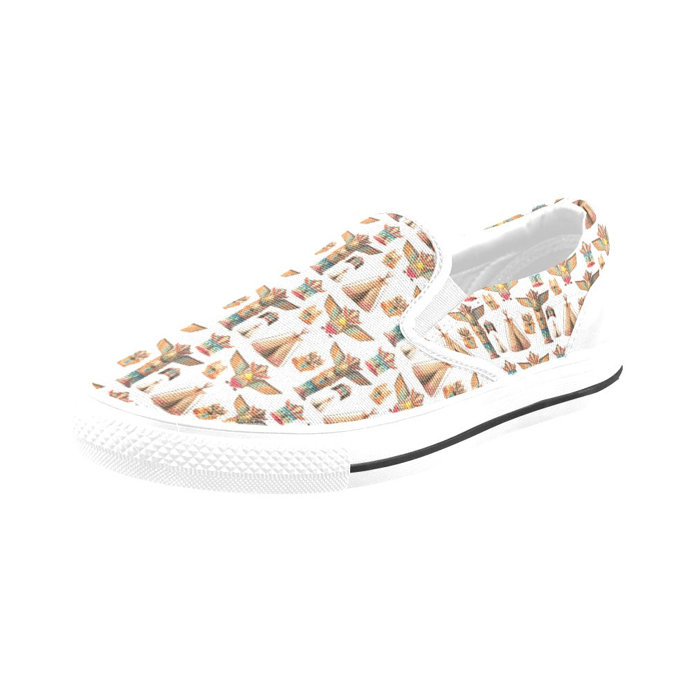 Totem Native Print Design LKS303 White Slip Ons Canvas Women's Shoes