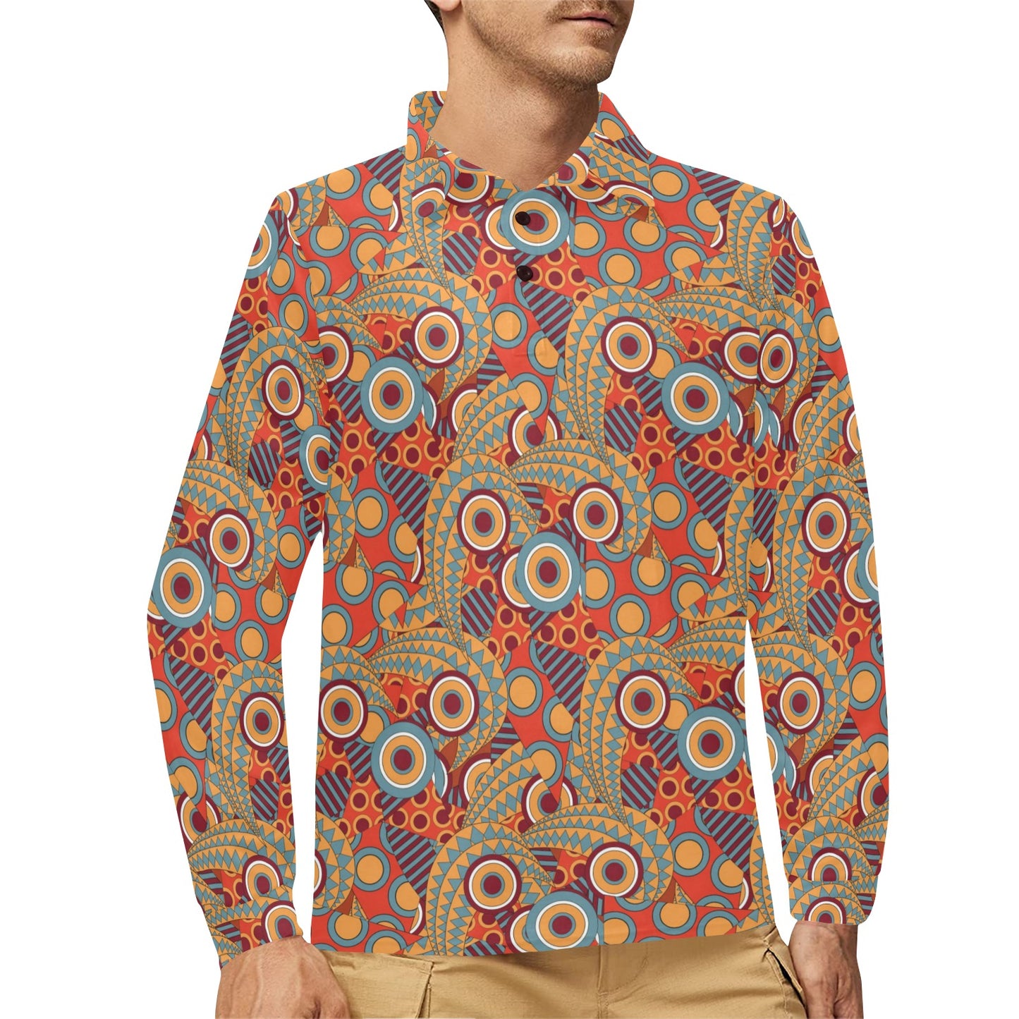 African Pattern Print Design 06 Long Sleeve Polo Shirt For Men's