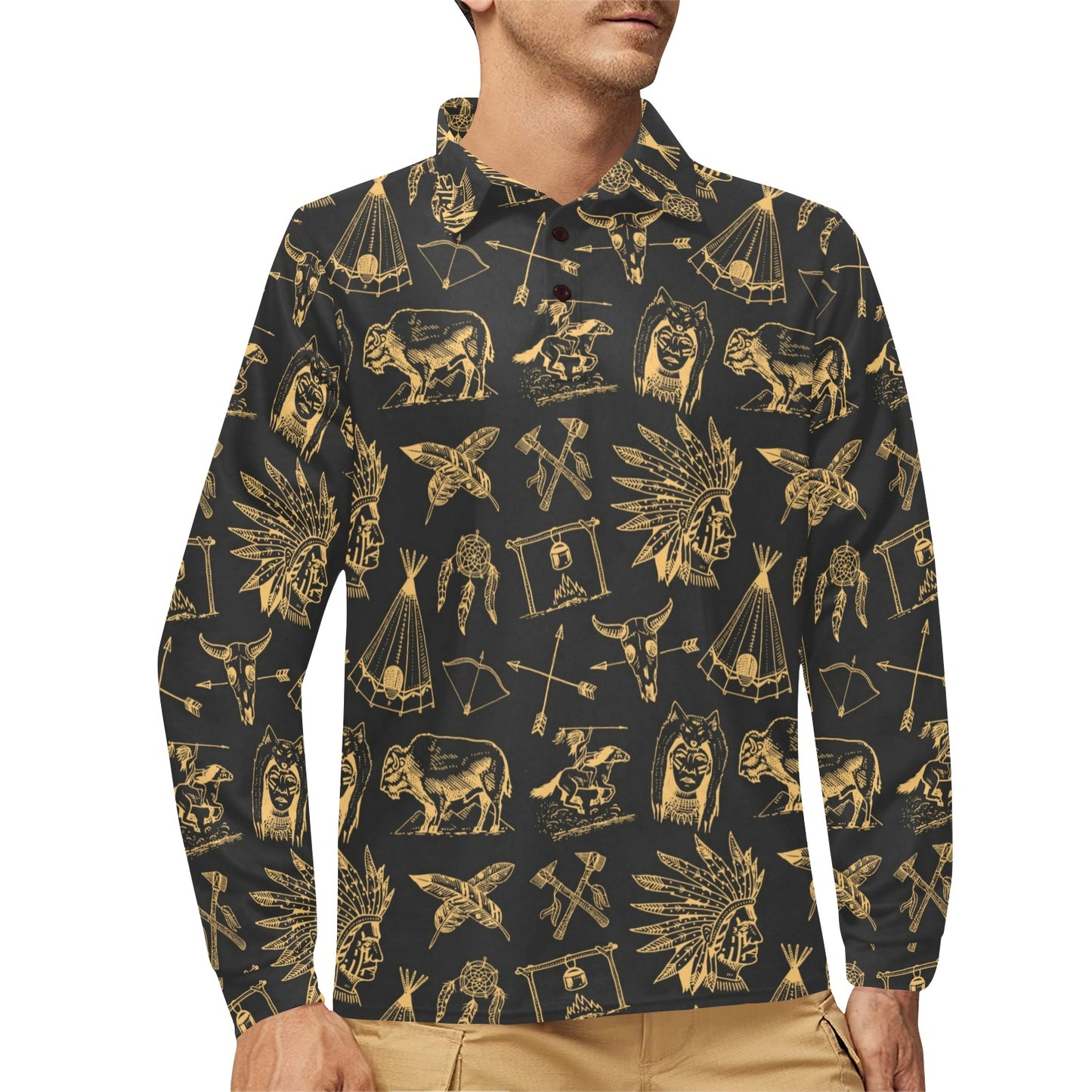 American indian Gold Style Long Sleeve Polo Shirt For Men's
